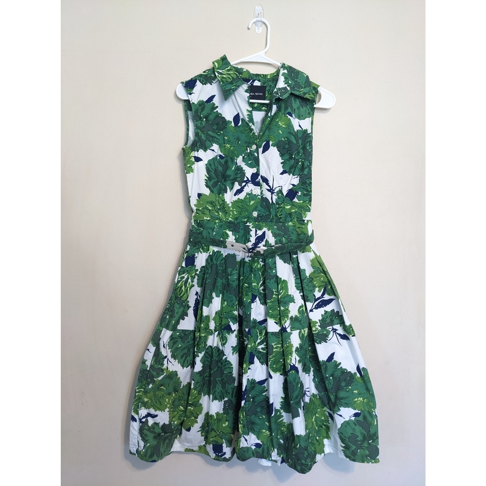 Samantha Sung Pleated Green and White Midi Dress